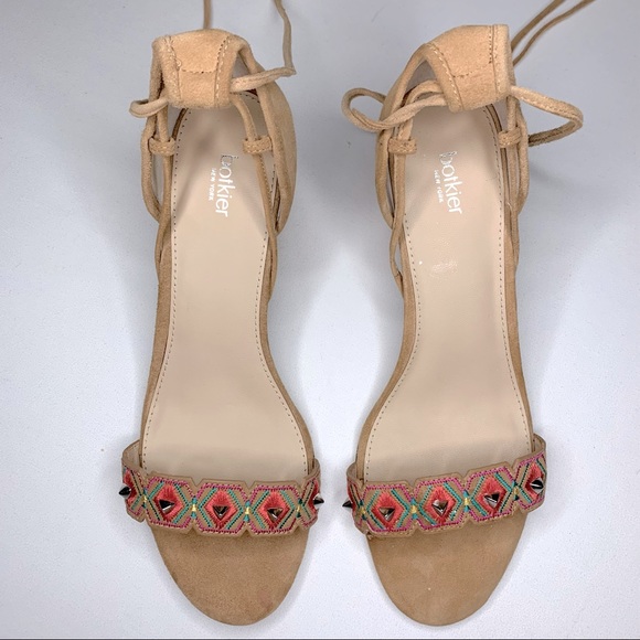 NWOT Vintage Botkier Suede Penelope City Sandal Lace Up Aztec Beaded Heel - Picture 5 of 14